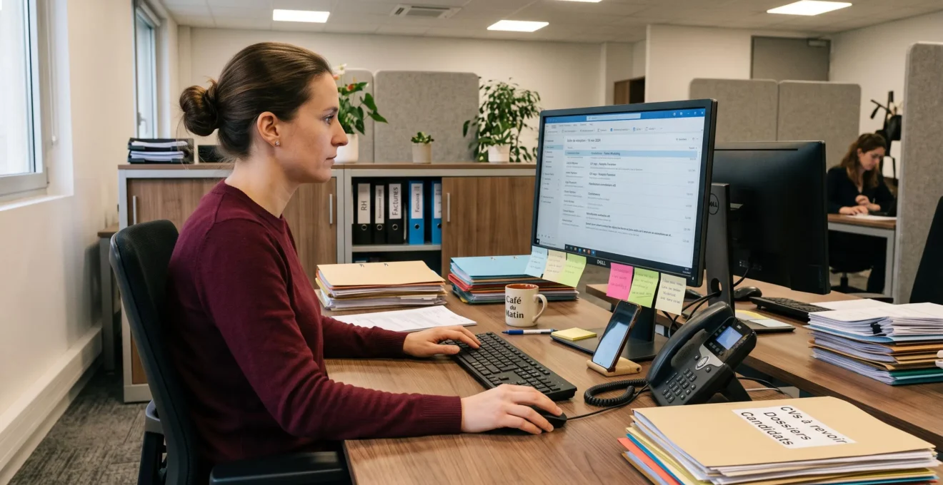 Bureau d'une responsable recrutement chargé de dossiers papier empilés, multiples outils (ordinateur, téléphone, smartphone, post-its) traduisant la dispersion des flux et la complexité de coordination.