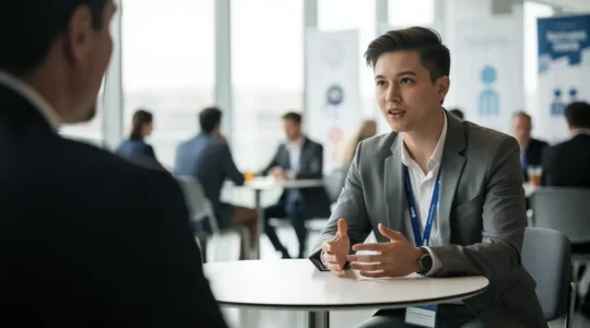 Candidat concentré échangeant avec un recruteur lors d'une session de job dating chronométrée