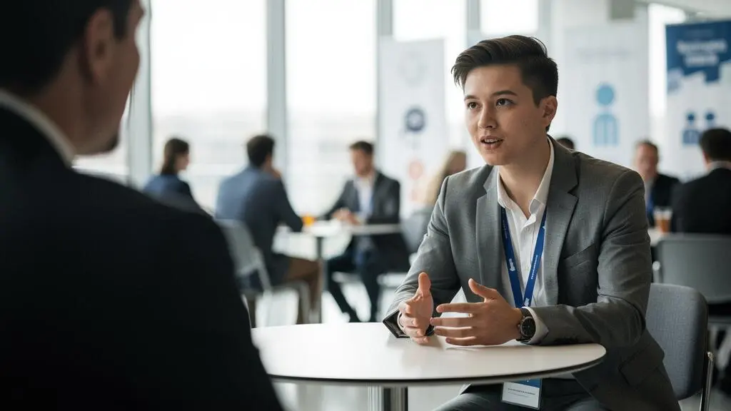 Candidat concentré échangeant avec un recruteur lors d'une session de job dating chronométrée