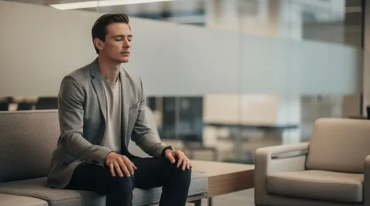 Portrait éditorial d'un candidat calme et concentré juste avant un entretien d'embauche, incarnant la maîtrise du stress et l'authenticité