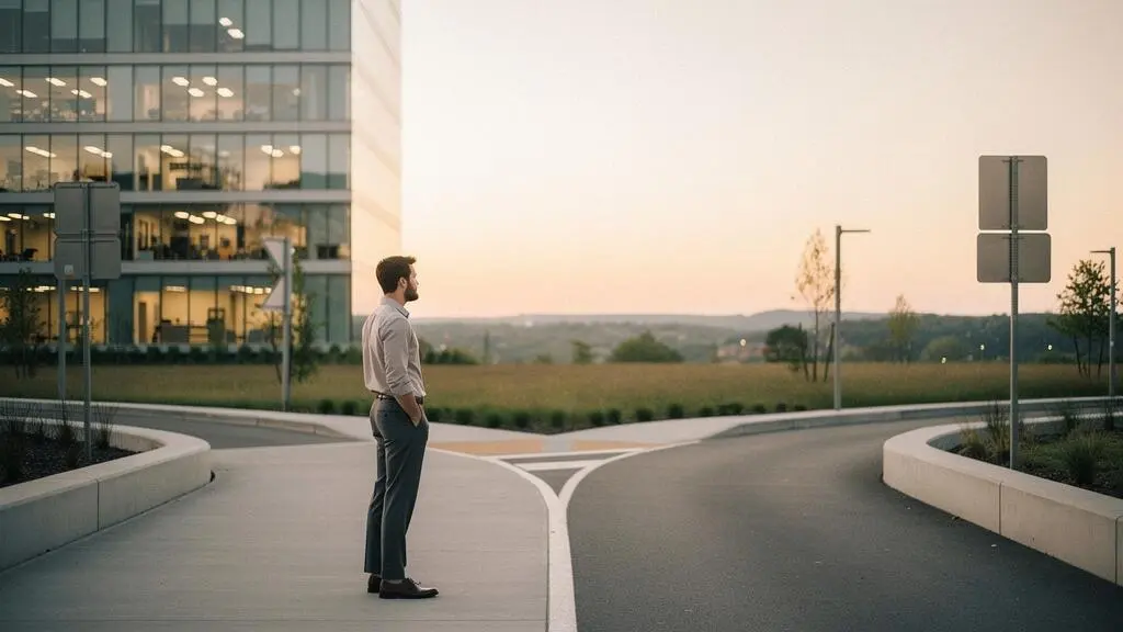 Silhouette d'une personne face à un carrefour symbolisant le choix entre rester dans son emploi actuel ou en changer