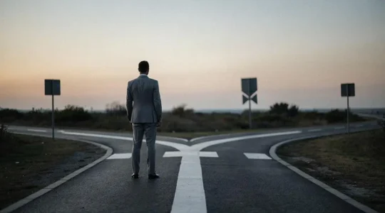 Silhouette d'une personne face à un carrefour symbolisant le choix entre continuer sa voie actuelle ou changer de carrière