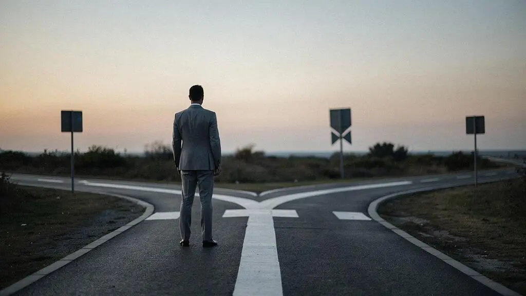 Silhouette d'une personne face à un carrefour symbolisant le choix entre continuer sa voie actuelle ou changer de carrière