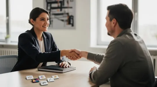 Professionnel présentant avec assurance son parcours de certifications lors d'un entretien de recrutement, symbolisant la transformation des diplômes en atout immédiat
