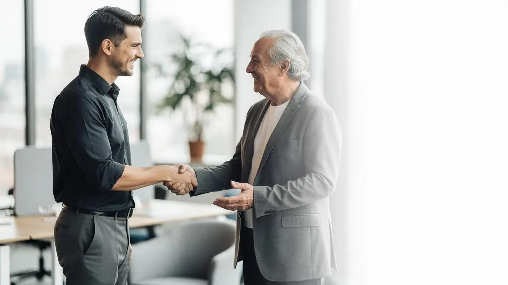 Jeune professionnel échangeant avec un mentor expérimenté dans un cadre de travail lumineux, symbolisant la construction d'un réseau de conseillers
