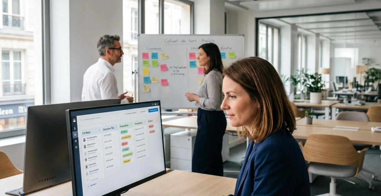 Deux recruteurs travaillant en coordination dans un open space RH moderne : au premier plan une femme consulte un écran de suivi des candidatures, en arrière-plan un homme échange avec une collègue près d'un tableau de pilotage.