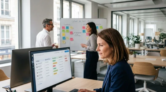 Deux recruteurs travaillant en coordination dans un open space RH moderne : au premier plan une femme consulte un écran de suivi des candidatures, en arrière-plan un homme échange avec une collègue près d'un tableau de pilotage.
