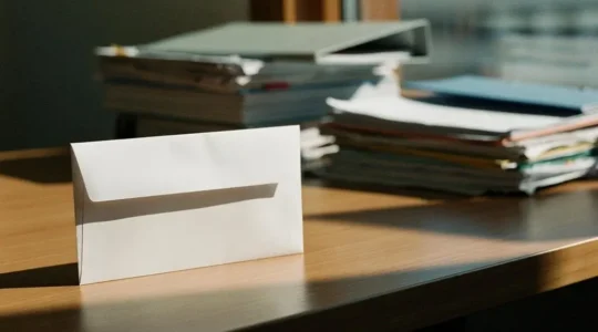 Enveloppe lumineuse se détachant nettement d'une pile de documents flous, symbolisant une candidature qui traverse tous les filtres pour être enfin lue