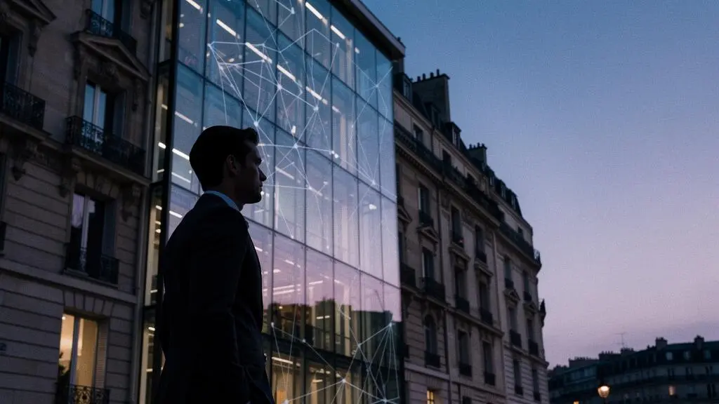 Silhouette professionnelle observant un reseau de connexions lumineuses a travers la facade vitree d'un immeuble haussmannien, symbolisant la detection des opportunites d'emploi avant leur publication