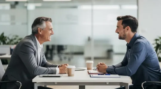 Deux professionnels échangent avec attention autour d'une table lors d'un entretien d'embauche, symbolisant la connexion authentique au-delà du CV.