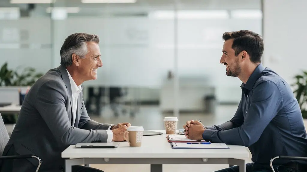 Deux professionnels échangent avec attention autour d'une table lors d'un entretien d'embauche, symbolisant la connexion authentique au-delà du CV.