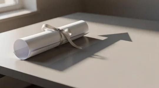 Diplôme enroulé se transformant symboliquement en clé de négociation salariale, image éditoriale sobre