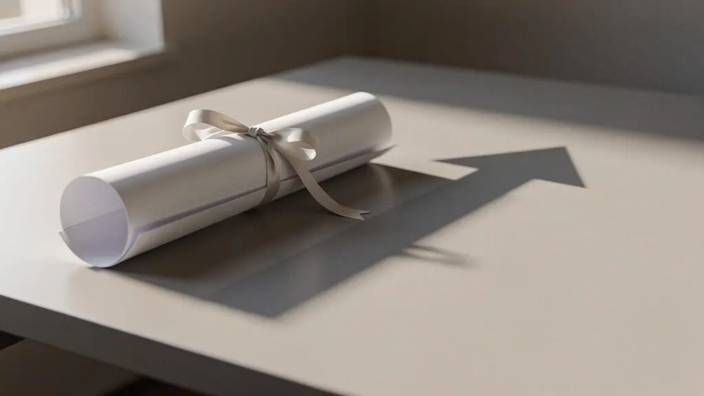 Diplôme enroulé se transformant symboliquement en clé de négociation salariale, image éditoriale sobre
