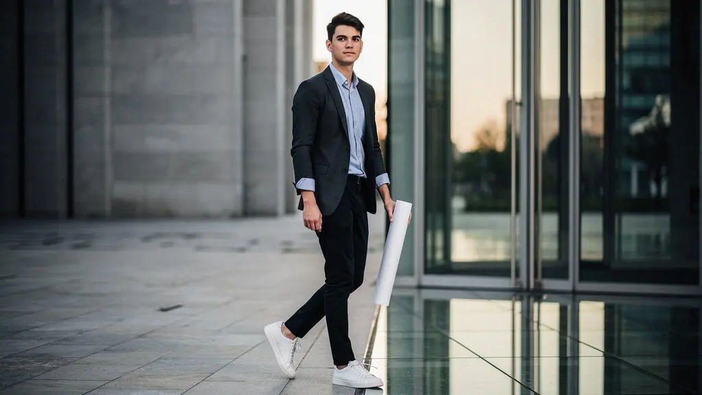 Jeune diplôme tenant symboliquement un rouleau de parchemin face à un immeuble de bureaux moderne au lever du jour, illustrant le passage des études au monde professionnel