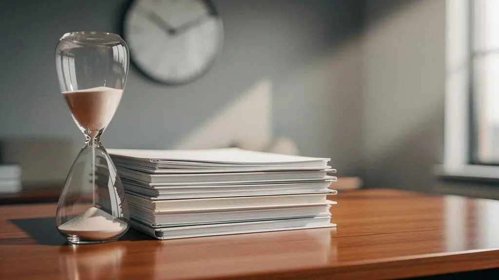 Symbole visuel du temps qui s'ecoule pendant un processus de recrutement, entre dossiers et sablier