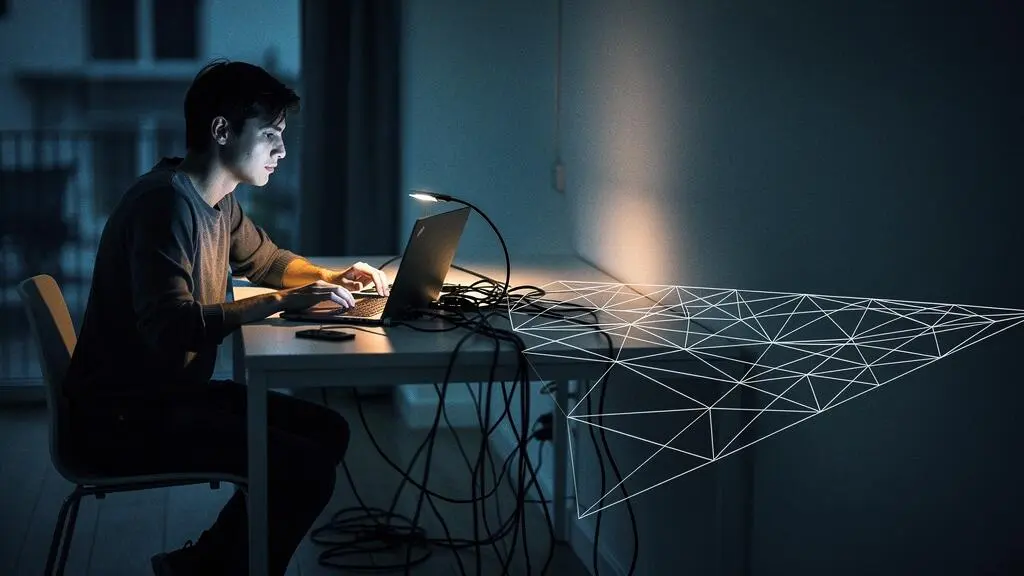 Silhouette d'une personne travaillant de nuit sur un ordinateur portable dans un espace minimaliste, symbolisant le parcours autodidacte vers l'expertise en cybersécurité