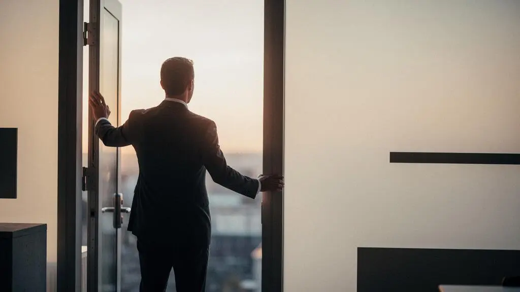 Une personne se tient face à une porte entrouverte laissant filtrer une lumière chaude, symbolisant le passage vers une opportunité professionnelle intimidante