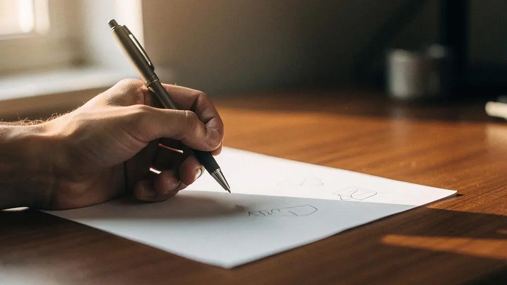 Gros plan sur une main tenant un stylo au-dessus d'une feuille blanche, dans une lumière chaude et intimiste, symbolisant l'authenticité d'une lettre de motivation qui capte l'attention