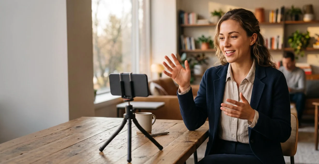 Jeune professionnel filmant son CV video sur un trepied dans un bureau lumineux et epure