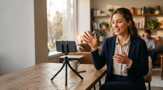 Jeune professionnel filmant son CV video sur un trepied dans un bureau lumineux et epure
