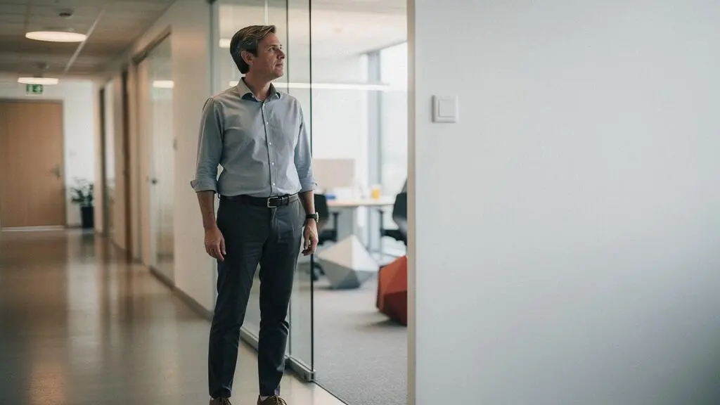 Professionnel en reconversion observant un horizon numérique, symbole d'un nouveau départ de carrière vers la tech