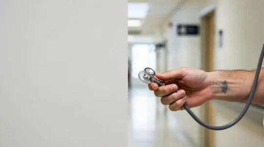 Photographie symbolique d'une main tenant un stethoscope en transition vers un nouveau parcours professionnel dans la sante