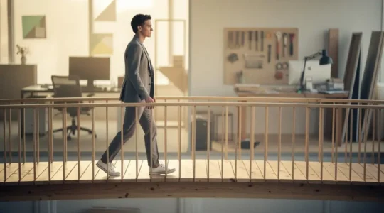 Silhouette professionnelle avançant sur un pont symbolique entre deux univers de travail, illustrant une reconversion progressive
