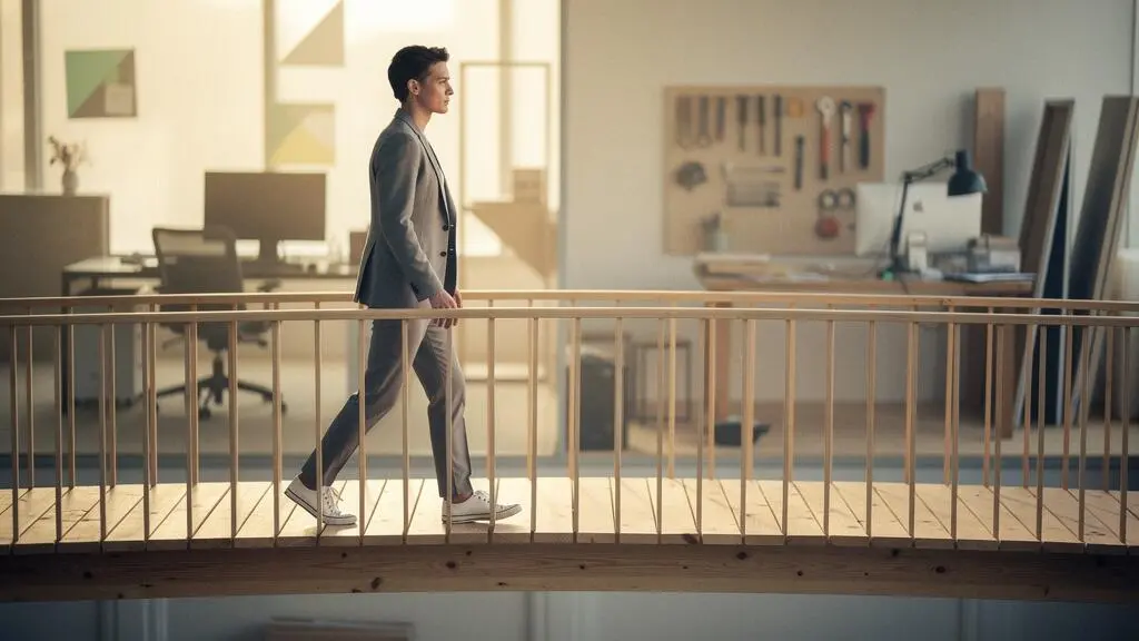 Silhouette professionnelle avançant sur un pont symbolique entre deux univers de travail, illustrant une reconversion progressive