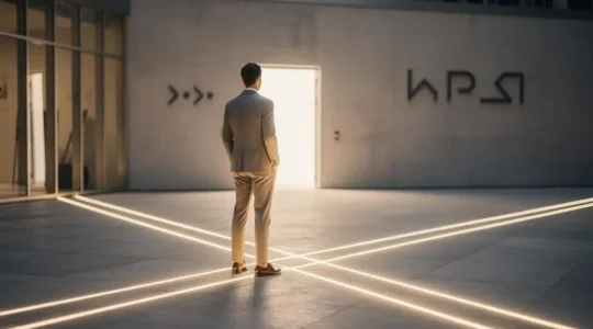 Un professionnel se tient face à plusieurs chemins lumineux convergeant vers une porte, symbolisant une recherche d'emploi ciblée plutôt que dispersée