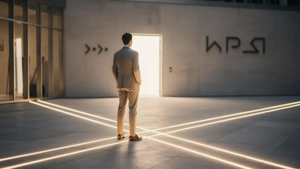 Un professionnel se tient face à plusieurs chemins lumineux convergeant vers une porte, symbolisant une recherche d'emploi ciblée plutôt que dispersée