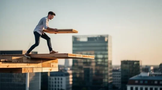 Jeune professionnel confiant construisant un pont symbolique entre son potentiel et une opportunité de carrière