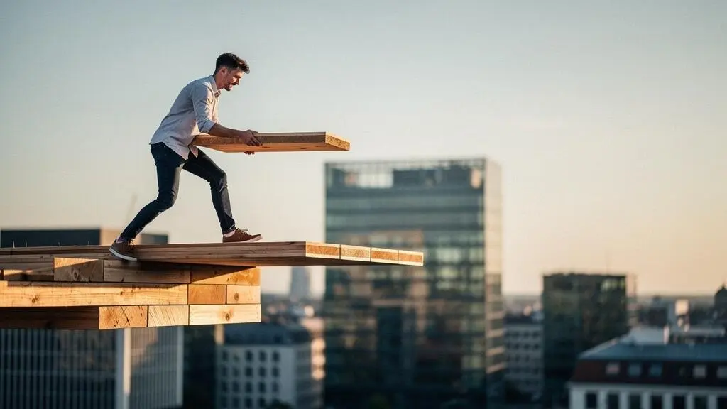 Jeune professionnel confiant construisant un pont symbolique entre son potentiel et une opportunité de carrière