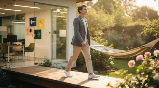 Une personne traverse un pont symbolique reliant un espace de travail épuré à un jardin lumineux, illustrant l'harmonie entre carrière et vie personnelle