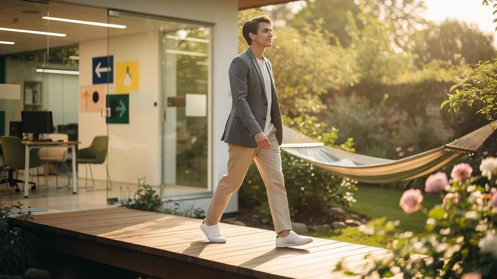 Une personne traverse un pont symbolique reliant un espace de travail épuré à un jardin lumineux, illustrant l'harmonie entre carrière et vie personnelle
